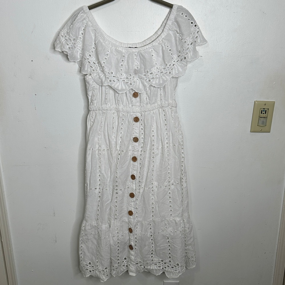 White Eyelet Cotton Midi Dress Off Shoulder Boho Ruffle Large‎ Peasant Vacation